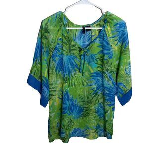 Nue Options Blouse Women's Petite Medium Round Neck Short Sleeve Tie Colorful